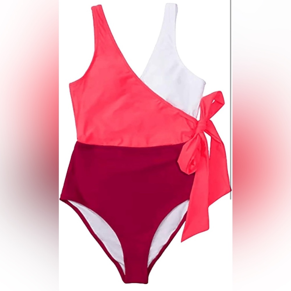 Cupshe Wrap One-Piece Swimsuit XXL Pink Red Color Block Tie Side V-Neck